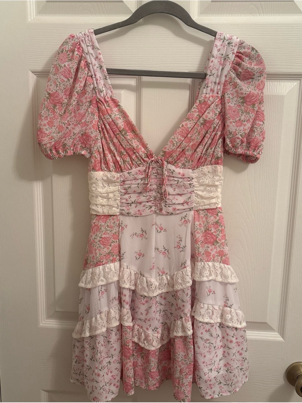 Altar’d State Floral Puff Sleeve Tiered Mini Dress